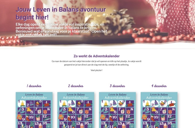 Beeld van hoe de adventskalender Je Leven in Balans er online uitziet
